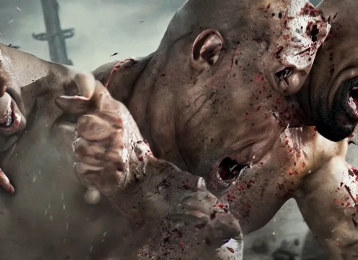 Prompt: film still of dwayne the rock johnson fighting zombies in the new walking dead tv series, 4 k