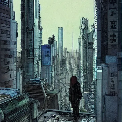 Image similar to Ghost in the shell by Enki bilal and Moebius, cyberpunk, impressive perspective, aesthetic, masterpiece