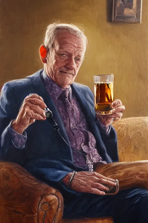 Prompt: still from tv show, retired barney, sitting in a lounge, sipping whiskey and smoking a cigar, oil on canvas, intricate, portrait, 8 k highly professionally detailed, hdr, cgsociety