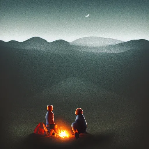 Image similar to photography of highly detailed landscape with two boys camping with nuclear plant in the background 1 9 8 0 s science fiction, moody, misty, depth perception, 4 k, artstation