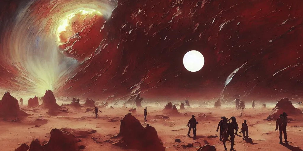 Prompt: supernova, neo brutalism space station, people wandering in the red desert, scarlet moon, dark atmosphere, tragedy, terror, stars, painted by steve mccurry, ruan jia, raymond swanland, lawrence alma tadema, zdzislaw beksinski, norman rockwell, jack kirby, tom lovell, alex malveda, greg staples