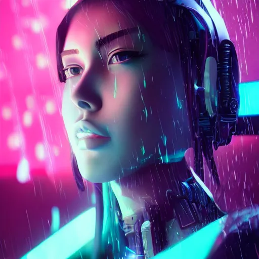 Prompt: anime woman portrait made out of rain, beautiful, cyborg, stylish suit, cyberpunk background, neon, rendered in octane, unreal engine, matte painting, sharp focus, trending on artstation, futuristic