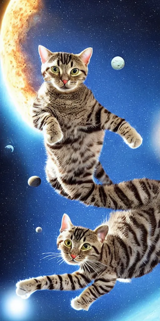 Prompt: a feline astronaut returning to our solar system from a distant galaxy