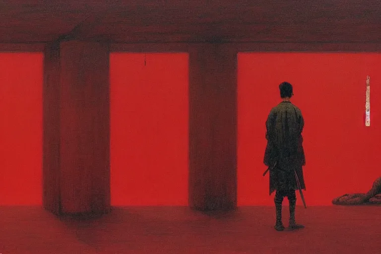 Image similar to only with red, a red samurai harakiri, tokio, a lot of frogs watch, in the style of beksinski, parts by edward hopper, parts by rodcenko, parts by yue minjun, intricate and epic composition, red by caravaggio, insanely quality, highly detailed, masterpiece, red light, artstation, 4 k