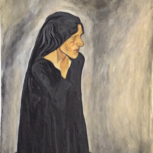 Image similar to This painting was painted in 1937 during the Guerra Civil Española. The woman in the painting is weeping. She is wearing a black dress and a black veil. Her face is distorted by grief. The painting is dark and somber. by Alice Neel rhythmic
