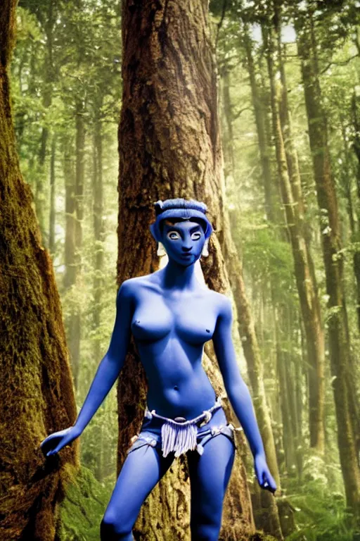 Image similar to a young woman dressed as a blue-skinned female navi from avatar standing in a forest, high resolution film still, 8k, HDR colors, cosplay, outdoor lighting, high resolution photograph, photo by bruce weber