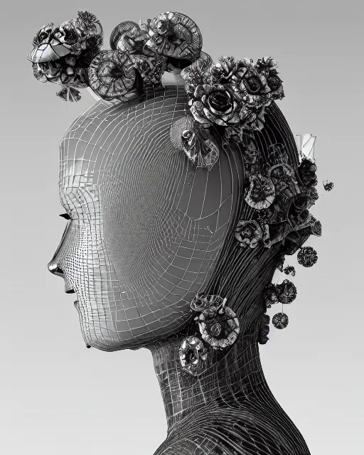 Image similar to mythical dreamy black and white organic bio-mechanical spinal ribbed profile face portrait detail of translucent steampunk beautiful female angelic-human-queen-vegetal-cyborg, highly detailed, intricate crystal ivy jelly ornate, poetic, translucent roses ornate, 3D render, digital art, octane render, 8K artistic photography, photo-realistic, by Dora Maar