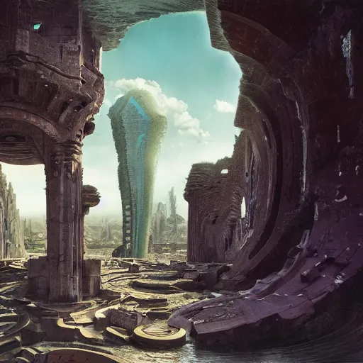 Image similar to the tarnished discovers the ruins of an artdeco city in the lands between, matte painting, detailed, elden ring, oil on canvas, by beeple