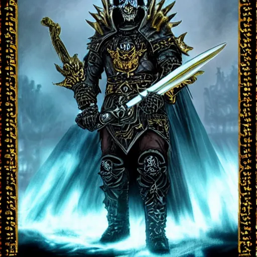 Image similar to lich king wearing black and gold armor with skulls and chains, holding a two handed sword with golden handle, wearing spiky helmet with mask