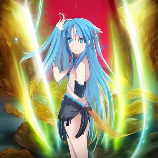 Prompt: rimuru tempest from that time i got reincarnated as a slime, with long blue hair in a ponytail, with bangs, pale skin, yellow eyes, fully clothed in red robes, highly detailed, 8 k, octane render, professional portrait, realistic, rainy window, volumetric lighting, water droplets frozen in time, sprites, god rays,