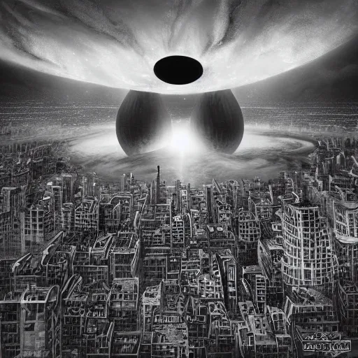Prompt: black hole rising above city, city destroyed by shockwave, black hole with accretion disс, digital art, vector logo, sticker, black and white, art by stefan koidl, brock hofer, marc simonetti