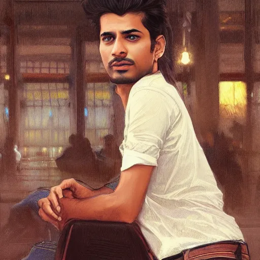 Image similar to Anxious good looking pale young Indian doctors wearing jeans and shirts at the airport, portrait, elegant, intricate, digital painting, artstation, concept art, smooth, sharp focus, illustration, art by artgerm and greg rutkowski and alphonse mucha