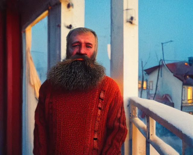 Image similar to lomo photo of 4 0 years russian man with beard and sweater standing on small hrushevka balcony full with cigarette smoke in small russian town looking at sunset, cinestill, bokeh