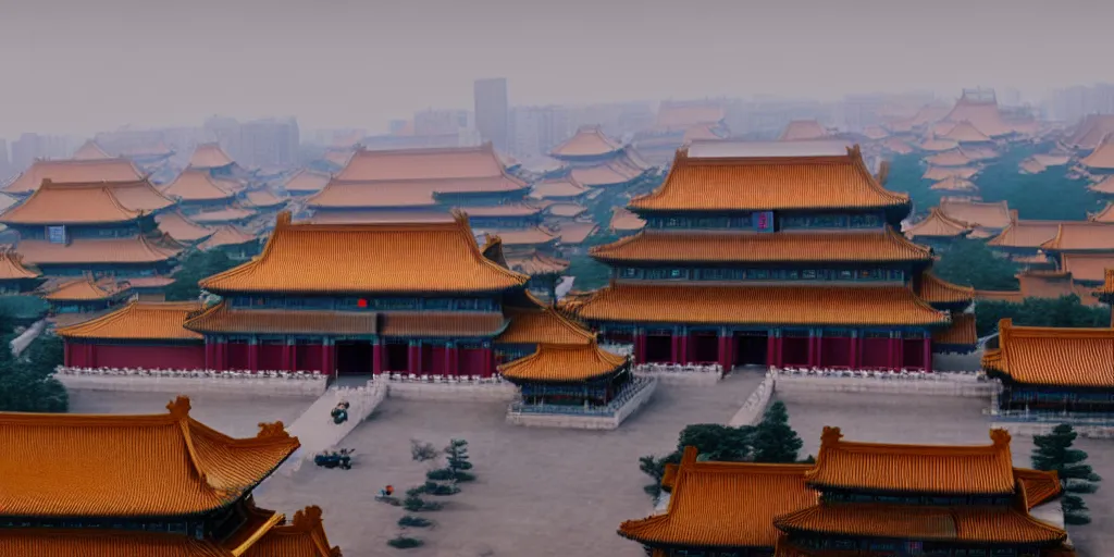 Image similar to a very high resolution image from a new movie, cyberpunk building, forbidden city, fantasy, wideshot, photorealistic, photography, directed by wes anderson