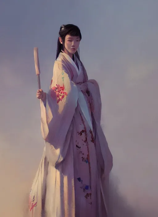 Image similar to oil painting girl wearing hanfu, herb rose, by greg rutkowski, artstation