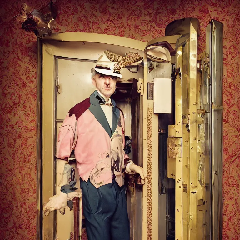 Prompt: vogue photoshoot octane render portrait by wayne barlow and carlo crivelli and glenn fabry, a handsome eccentric man in a bright colorful pastel wes anderson elevator operator uniform inside a dark and moody vintage elevator in a high - end exotic vintage boutique hotel, very short depth of field, bokeh