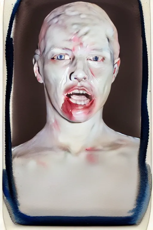 Image similar to watercolor, a liquid white clay porcelain portrait of a face melt down flow go runny, body painted with white thick fluid by marlene dumas, realistic detailed watercolor polaroid, grainy image, contrast