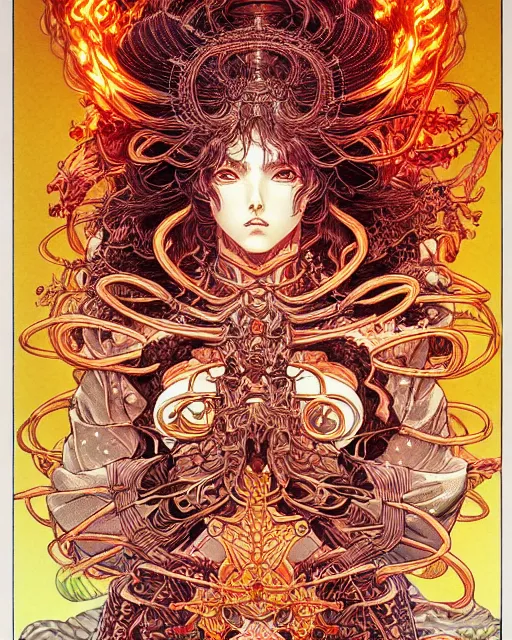 Prompt: hyper detailed illustration of the goddess of fire, intricate linework, lighting poster by moebius, ayami kojima, 90's anime, retro fantasy