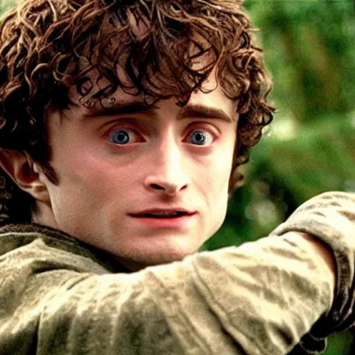 Image similar to Film still of a young Daniel Radcliffe as Frodo in Lord of the Rings: The Return of the King, small eyes