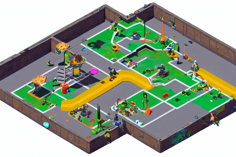 Image similar to isometric view of a splatoon 2 level, inspired by modern skate parks and modern chinese playgrounds in the style of splatoon, day