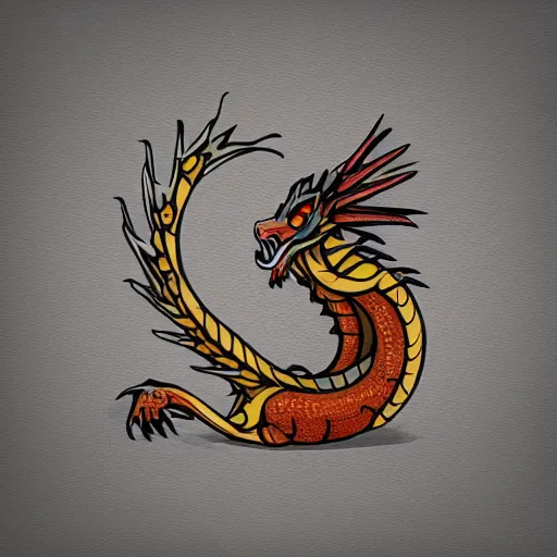 Prompt: very cute small dragon with well-designed head and four legs, logo, ink