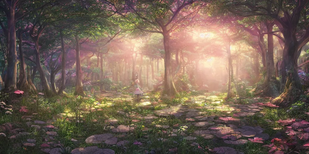 Image similar to the aesthetic view of the beautiful, grand, wistful, dreamy hidden forest at dusk, hyperrealistic anime illustration by iralki nadar, colorful, extremely detailed, intricate linework, super sharp focus, bright colors, octopath traveler, studio ghibli, unreal engine 5 highly rendered, global illumination, radiant light, detailed and intricate environment