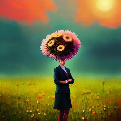 Image similar to large daisy flower head, frontal, girl in a suit, surreal photography, sunrise, dramatic light, impressionist painting, digital painting, artstation, simon stalenhag