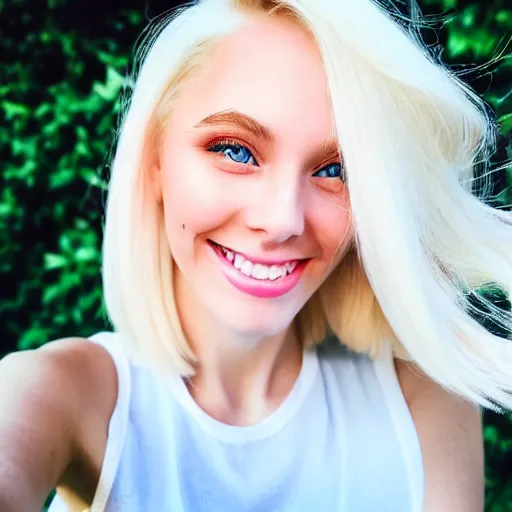 Image similar to beautiful selfie of a cute thin young woman smiling smugly, long light platinum blonde hair, flushed face, small heart - shaped face, cute freckles, light blue eyes, golden hour, 8 k, instagram