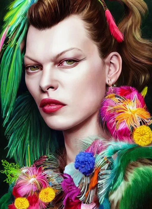 Image similar to beautiful portrait of Milla Jovovich wearing fantastic Hand-dyed cotton dress,embellished beaded feather decorative fringe knots ,colorful pigtail,subtropical flowers and plants,dramatic,symmetrical face,intricate,elegant,highly detailed,8k,post-processing,digital painting,trending on pinterest, GUCCI,PRADA,concept art, sharp focus, illustration, by artgerm,Tom Bagshaw,Lawrence Alma-Tadema,greg rutkowski,alphonse Mucha