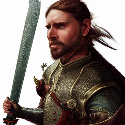 Image similar to hyper realistic portrait of a human fighter folk hero with a talking great sword, focus on face, fantasy, medieval, intricate details, heroic pose, cinematic, tall, trending on artstation, in the style of D&D