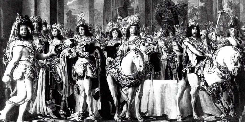 Prompt: black and white photo of Asterix meeting Louis XIV H 1024