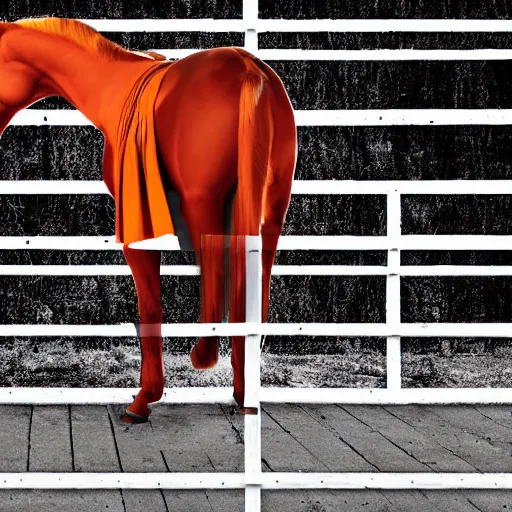 Image similar to horse with orange inmate clothes, in a jail