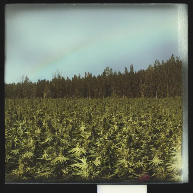 Image similar to very beautiful polaroid photo of a cannabis field by a stream on a clear day with a rainbow