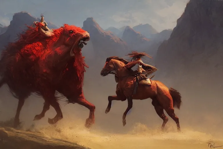 Image similar to Red ogre riding a horse, funny, portrait, Greg rutkowski