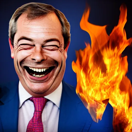 Image similar to nigel farage laughing holding burning eu flag, studio photograph, hd, studio