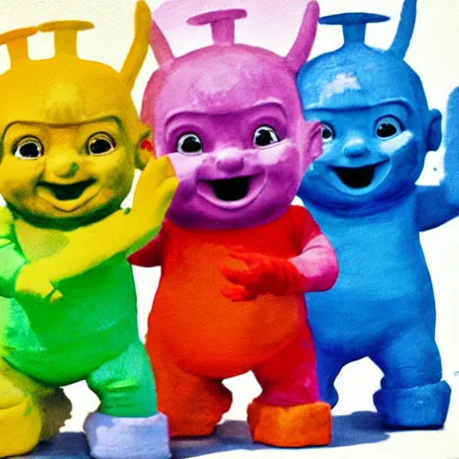 Image similar to water colour painting of teletubbies with machine guns ,