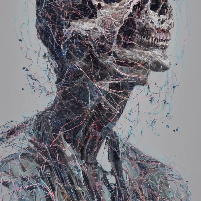 Prompt: portrait of rosie huntington-whiteley as a skull in a suit. intricate abstract. intricate artwork. nightmare fuel. by Tooth Wu, wlop, beeple, dan mumford. octane render, trending on artstation, greg rutkowski very coherent symmetrical artwork. cinematic, hyper realism, high detail, octane render, 8k, iridescent accents