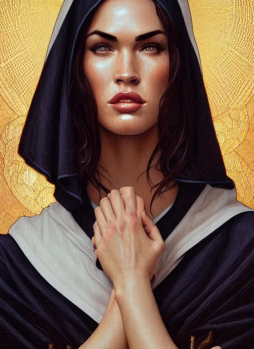 Image similar to portrait of megan fox as a sultry nun, catholic, church, bible, christian, intricate, headshot, highly detailed, digital painting, artstation, concept art, sharp focus, cinematic lighting, illustration, art by artgerm and greg rutkowski, alphonse mucha, cgsociety