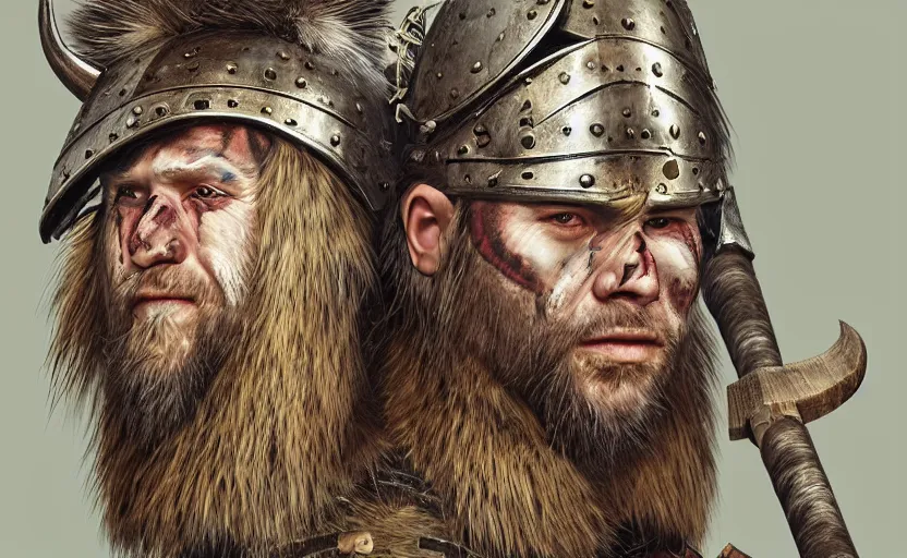 Prompt: “portrait of a Viking warrior princes with war paint wearing a fur pelt wielding a large double sided ax, by igor morski, by Dan Mumford, by Wes Benscoter, 4K resolution, hyper detailed, photo realistic, realistic shadows, volumetric lighting, portrait, 3D, rendered in octane, zbrush”