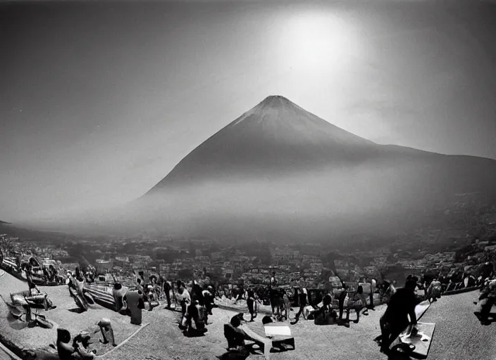 Image similar to old photo of greeks wich drink wine and have fun against the backdrop of mount vesuvius starting to erupt, photo by sebastian salgado, fisheye 4, 5 mm, diffused backlight