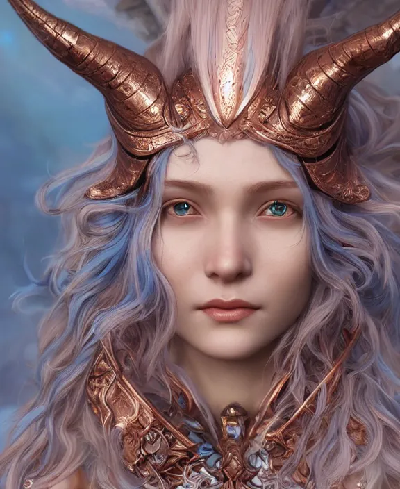 Image similar to a beautiful and highly detailed digital portrait of a dignified elf with long blue hair in rose gold armor by jia ruan, clint cearley, and karol bak, centered, artsation contest winner, cgsociety, fantasy art, cryengine, concept art, photorealism, daz 3 d, sketchfab, zbrush, vray