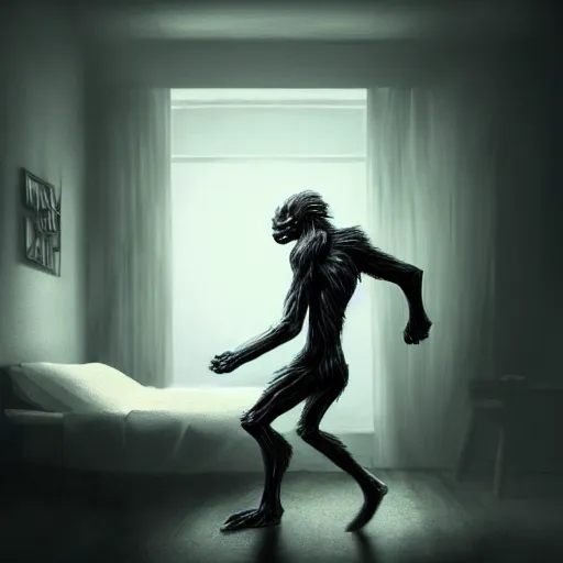 Prompt: A gangly humanoid monster running towards a person sleeping in a bed, trending on Artstation, Digital Painting, Photo Realistic, Dynamic Lighting, Gloomy, Insanely Detailed, Award Winning