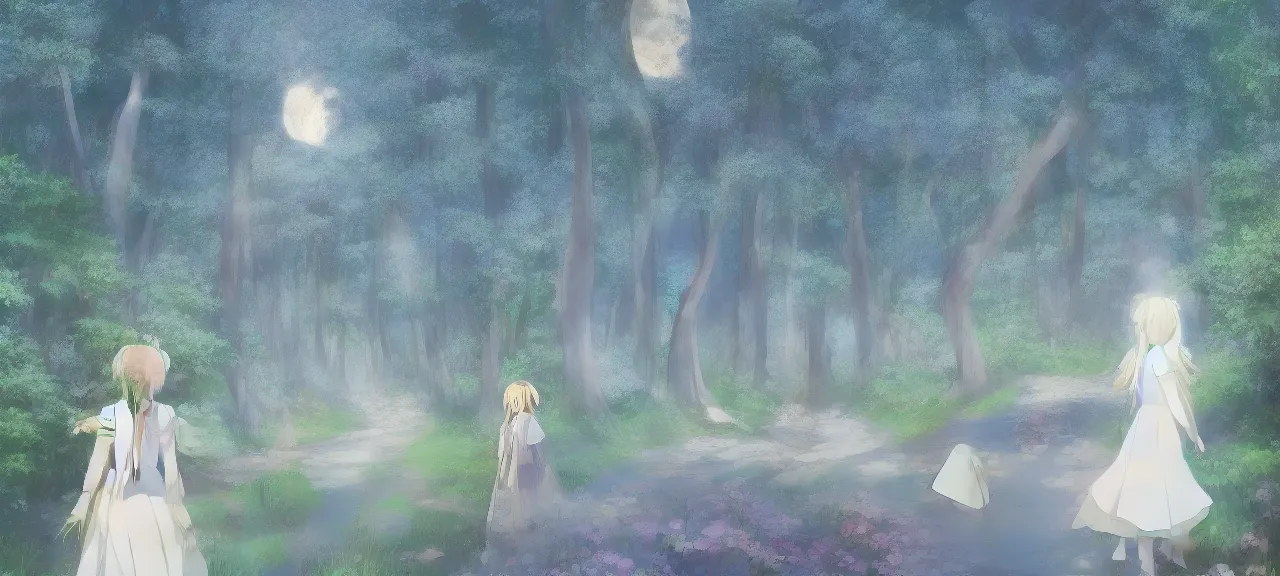 Image similar to illyasviel walking through enchanted ghibli clover | Big Moon at Blue Night | Trees with white flowers | bioluminescent blue FLOWERS | strong blue rimlit | visual-key | anime illustration | highly detailed High resolution | Light Novel | Visual Novel | In the style of Miyama-Zero, Yuuki Hagure