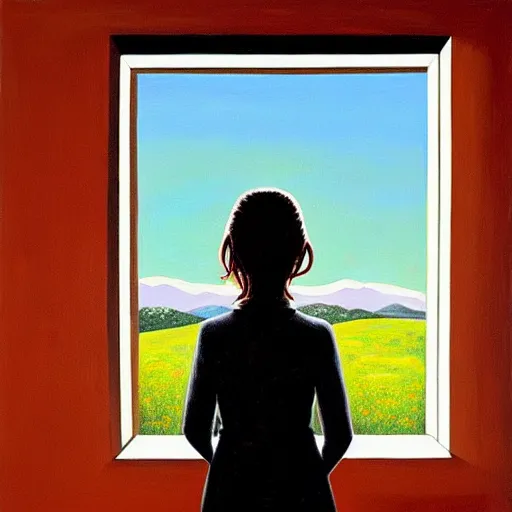 Image similar to a girl pensively looking out the window, painting by jeffrey smith
