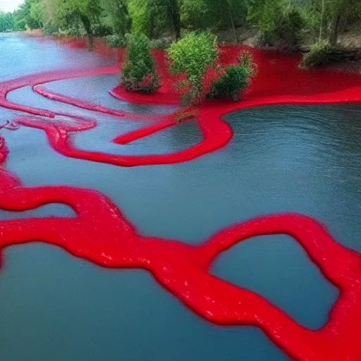 Prompt: hyper realistic photo of the river of blood, bodies floating downstream