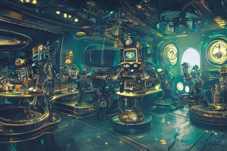 Prompt: 3 steampunk robot dancing inside a luxury futuristic nightliner, a table with many bottles of beer and wiskey, exaggerated detailed, unreal engine, subtle multicolored light, 3 5 mm lens