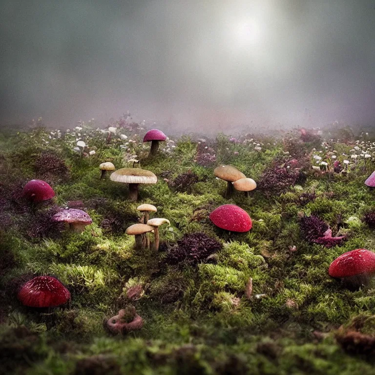 Image similar to a planet of various fungus, mushrooms, flowers and plants, inside the picture is infinity, Atmospheric, artistic photography, conceptual, long exposure outside the city, volumetric light