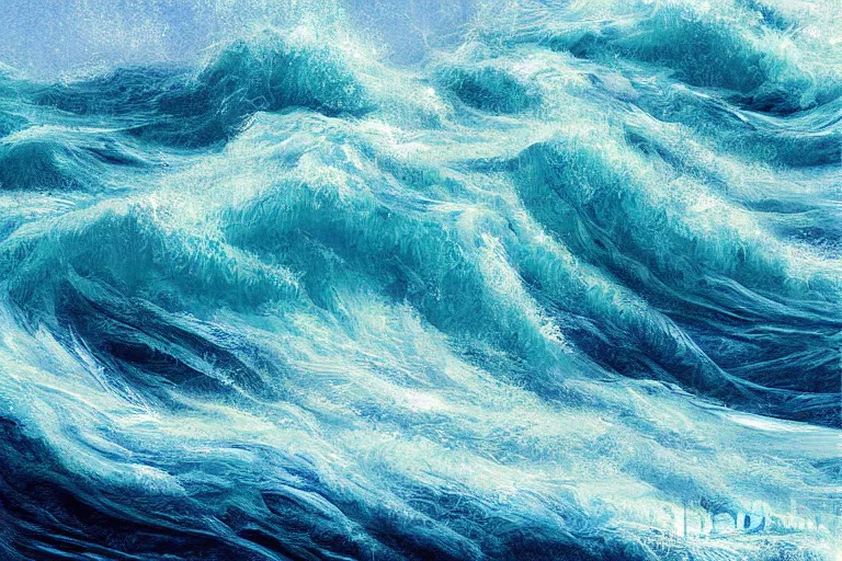 Prompt: ocean, land, tumultuous waves, digital painting, illustrated by max hay