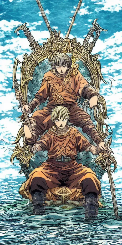Image similar to a lone king sitting on a throne floating on water in the middle of a lake drawn by Makoto Yukimura in the style of Vinland saga anime, full color, detailed