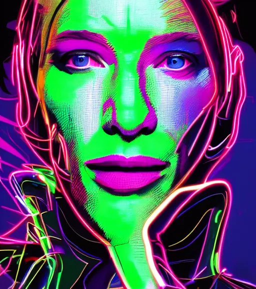 Image similar to cate blanchett ,neon colors, strong lighting, by Josan Gonzalez, HD, 4K